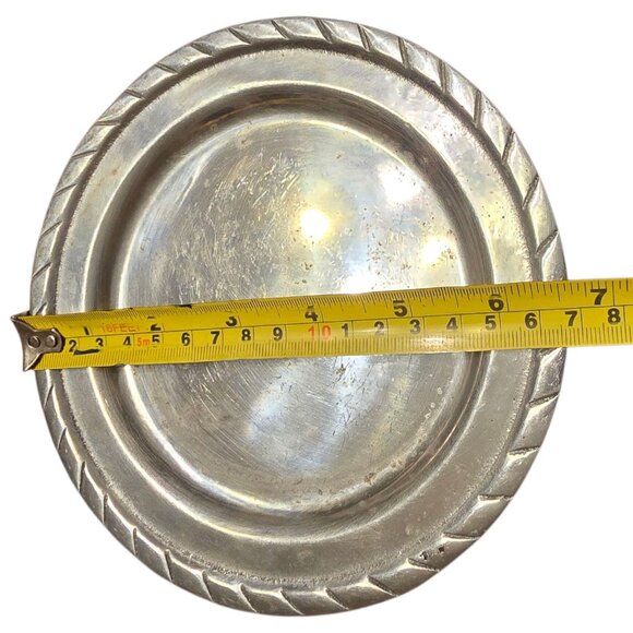 Vintage Mexican Pewter Bread Serving Tray & Round Plate Rope Detail Tile Handles - Picture 7 of 9